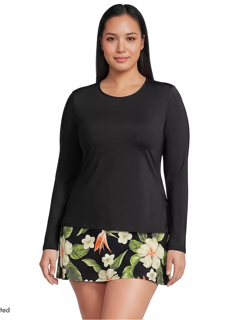Lands' End Black Long Sleeve Crewneck swim Top